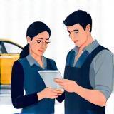 Technician explaining repair estimate to car owner